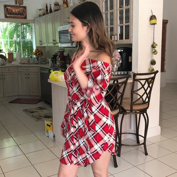 Plaid Off Shoulder Dress - Picture 3 of 7